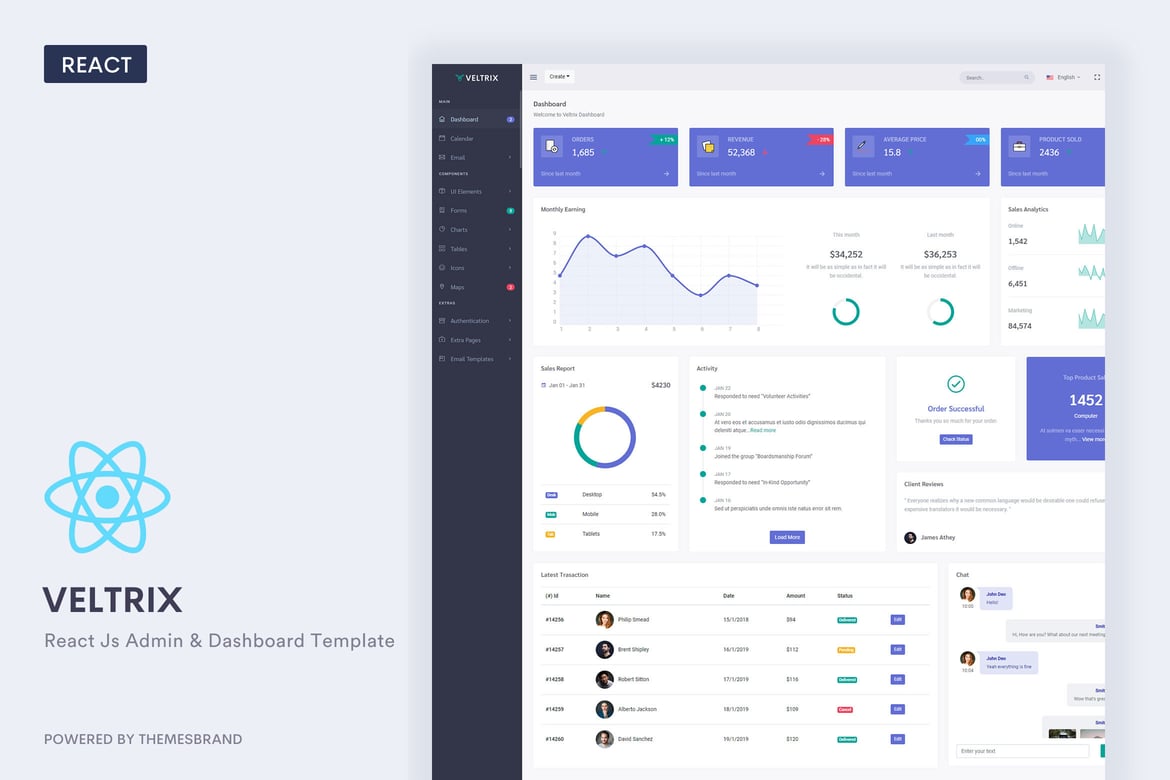 Veltrix - Шаблон администратора и панели управления React Js