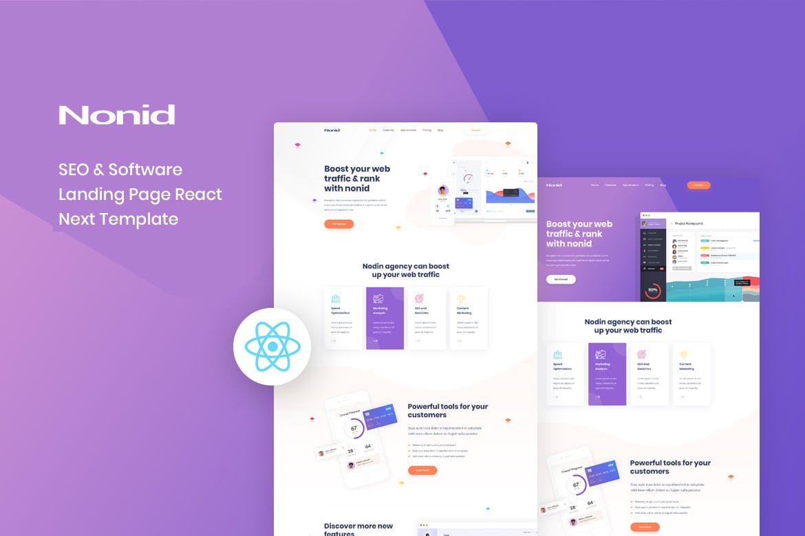 Nonid - целевая страница React Next для SEO и программного обеспечения