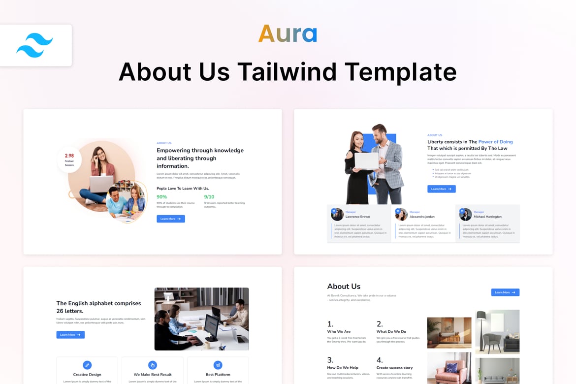 HTML-шаблон Aura — Tailwind CSS «О нас»