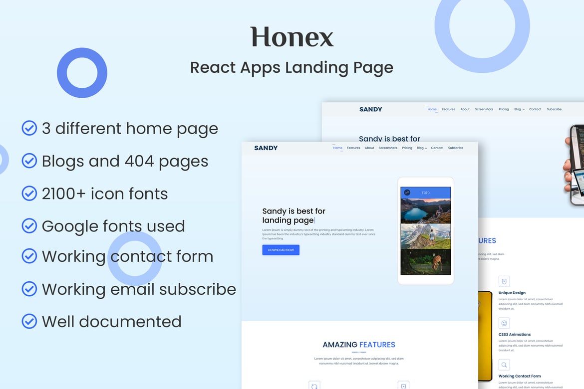 HONEX - целевая страница приложений React
