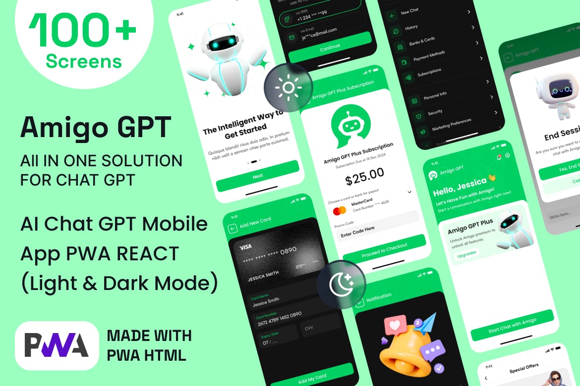 Шаблон PWA React для мобильного приложения Amigo AI Chatbot GPT
