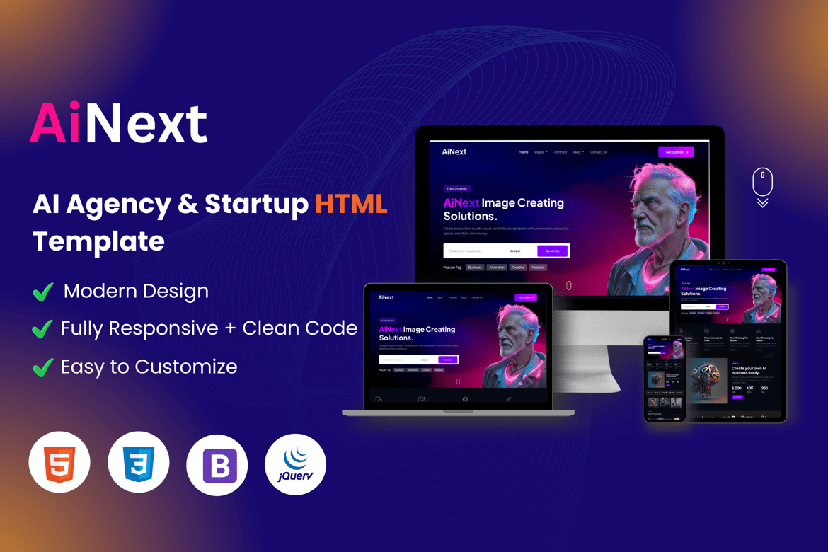 AinExt - HTML-шаблон для Агентства искусственного интеллекта и стартапов