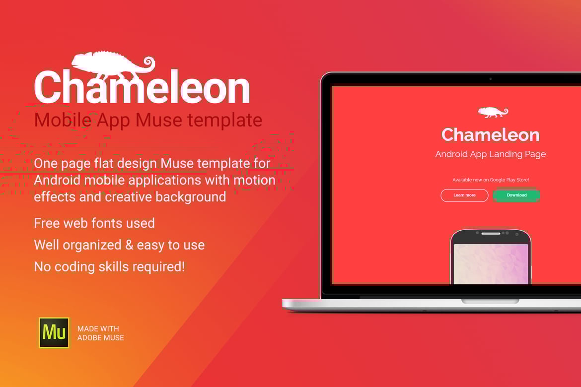 Chameleon - шаблон промо сайта Приложение для Android Muse