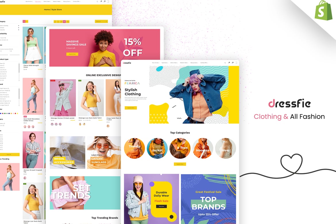 Dressfie - дизайнерский магазин, тема Shopify для одежды