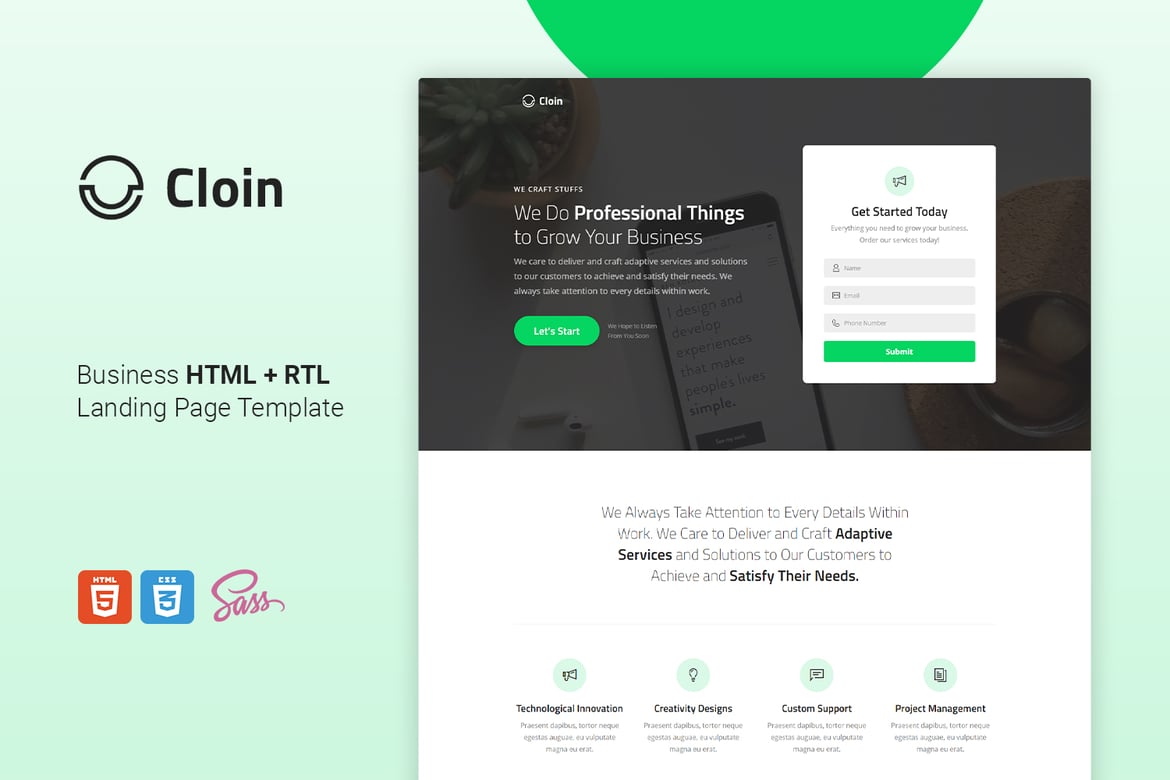 Coin - HTML-шаблон целевой страницы + RTL