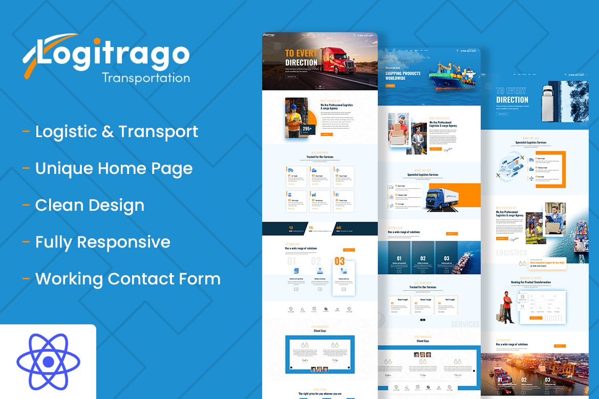 Logitrago - Шаблон React для транспорта и логистики