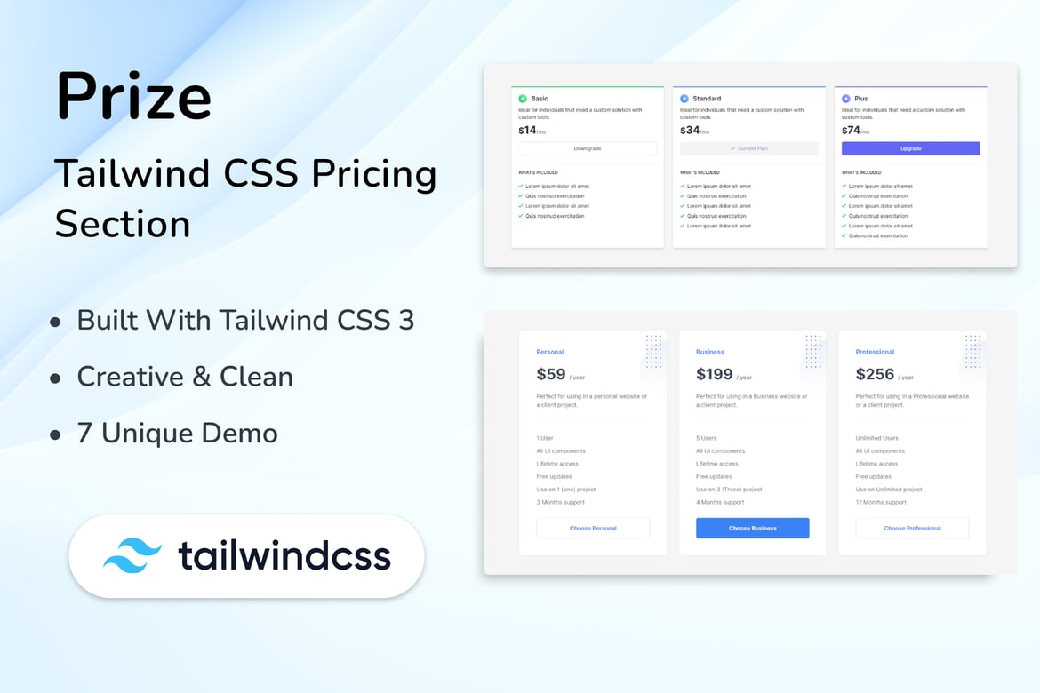 Новые разделы с ценами на CSS Creative Tailwind — приз