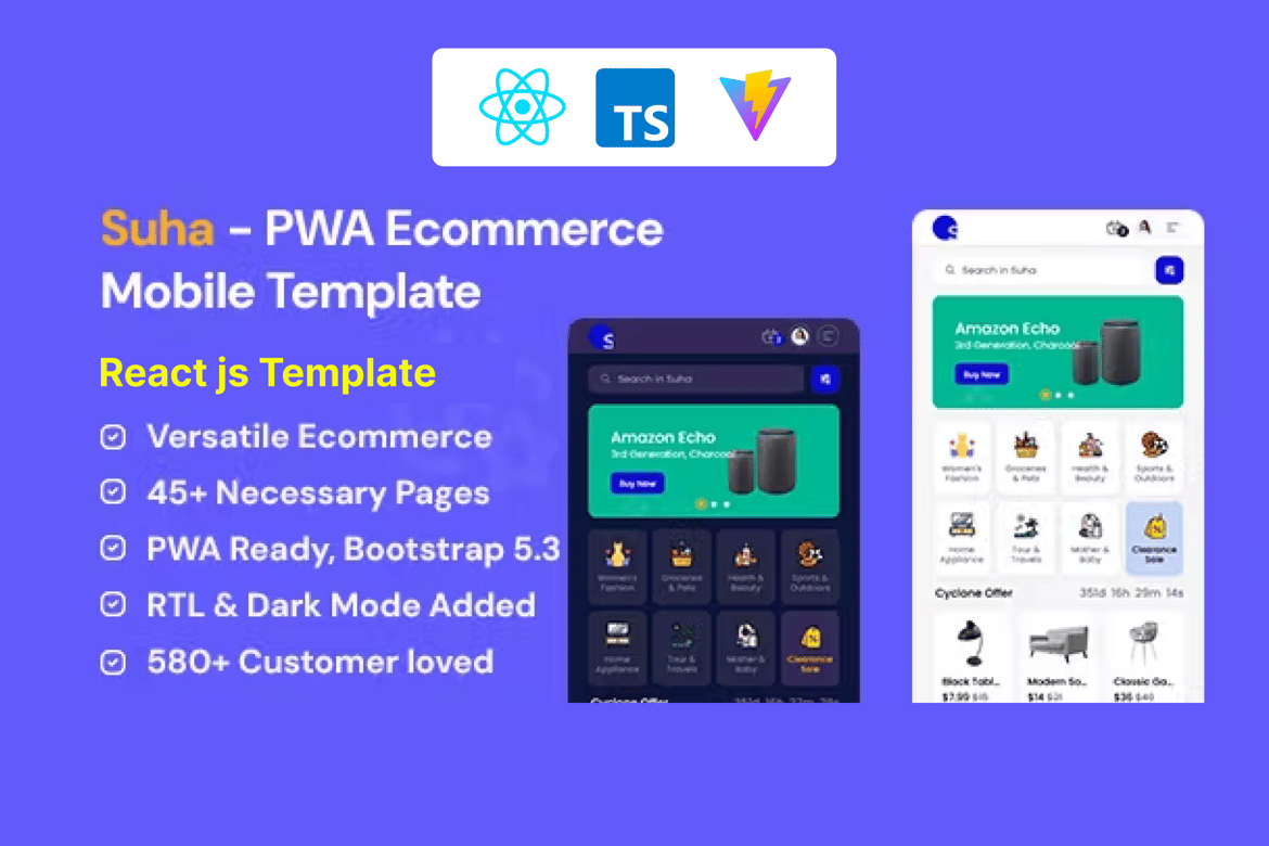 Suha - Шаблон React JS для электронной коммерции PWA для мобильных устройств