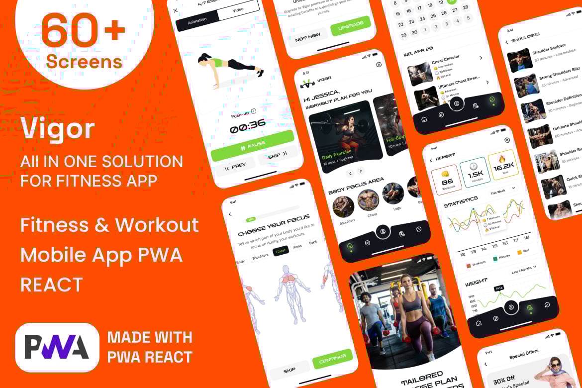 Vigor - Мобильное приложение для фитнеса и тренировок в тренажерном зале PWA HTML