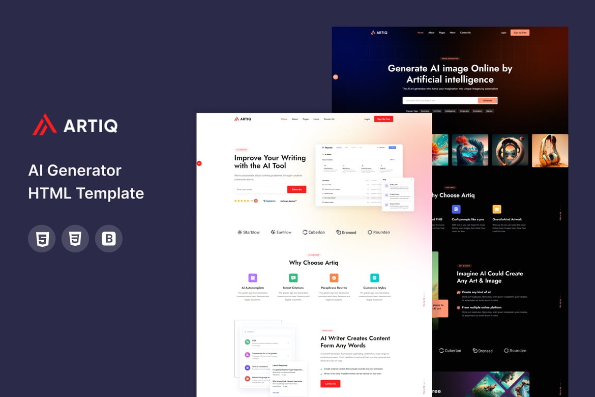 Artiq - HTML-шаблон генератора искусственного интеллекта