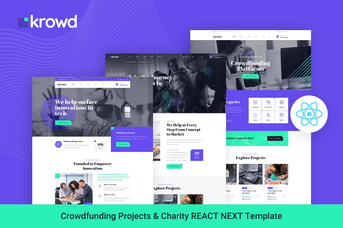 Krowd - краудфандинг и благотворительность React Следующий шаблон